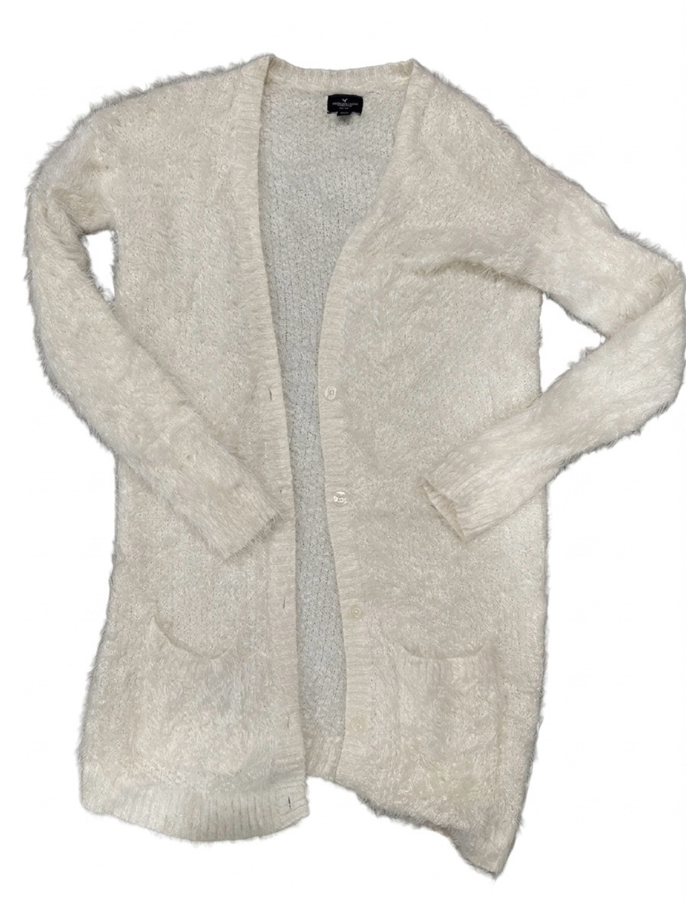 American Eagle Fuzzy Cream Cardigan Sweater Button Front Cozy Size Medium